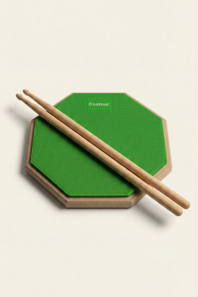 Bateri Davul Drum Pratik Çalışma Pedi Pad Yeşil ( 1 Çift Baget + Kılıf Hediye )