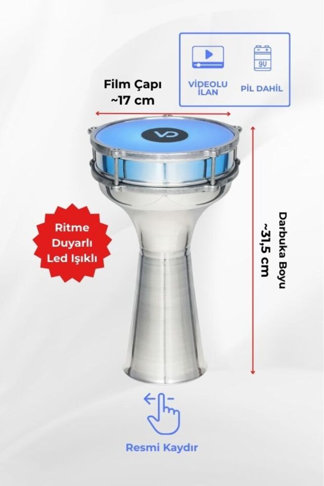SV102AL - Yeşil LED Işıklı (Ritme Duyarlı) 31cm Çocuklar İçin Alüminyum Klasik Darbuka