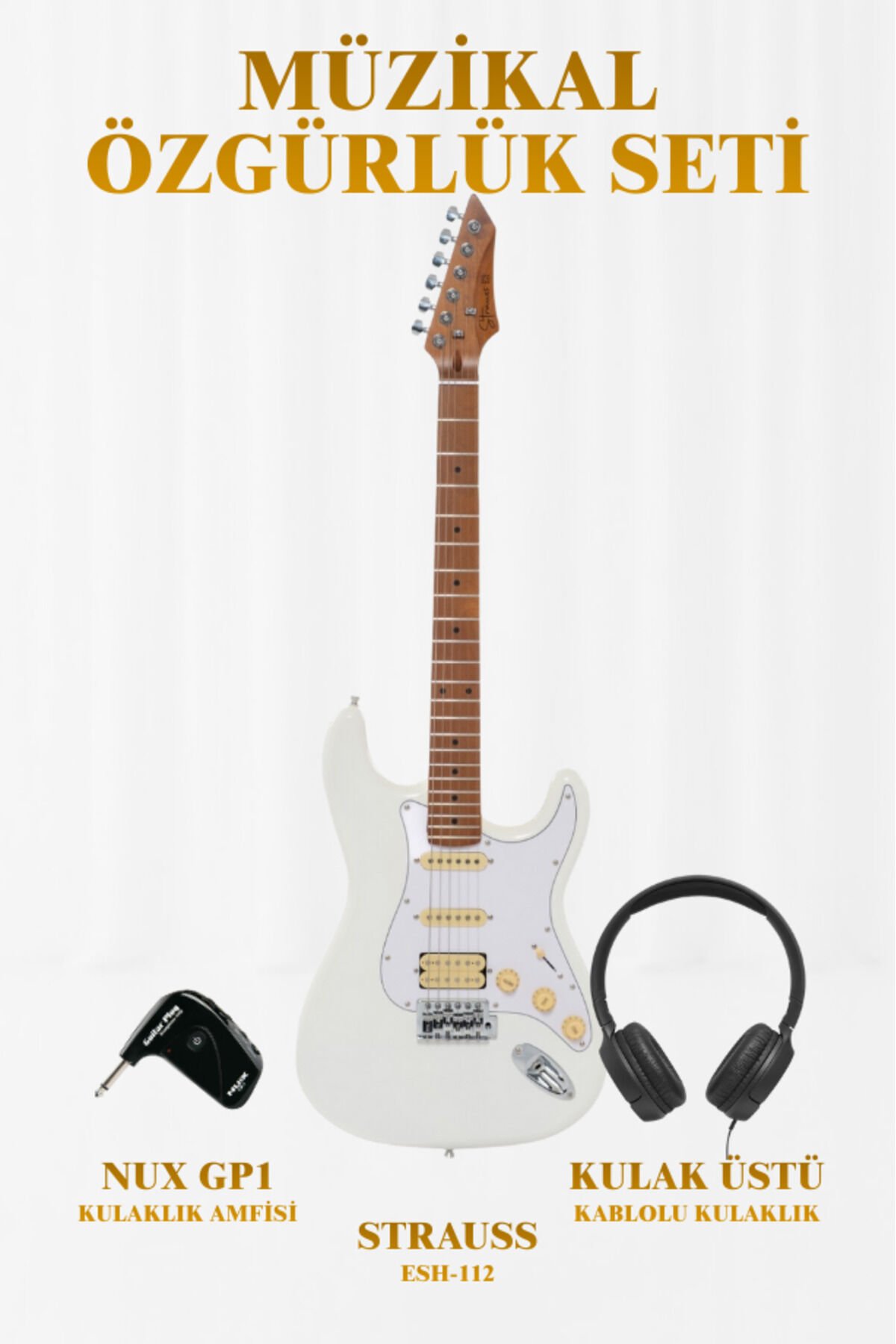 Strauss ESH-112 HSS Elektro Gitar KULAKLIK AMFİ SETİ Beyaz