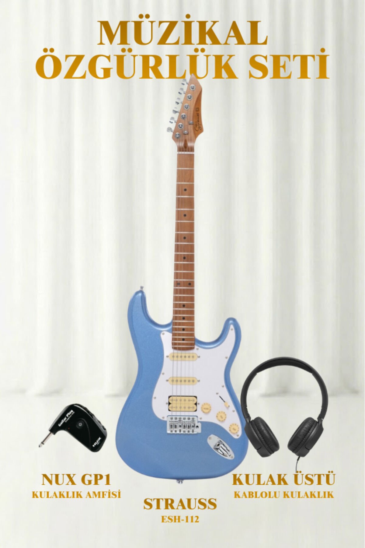 Strauss ESH-112 HSS Elektro Gitar KULAKLIK AMFİ SETİ Koyu Mavi