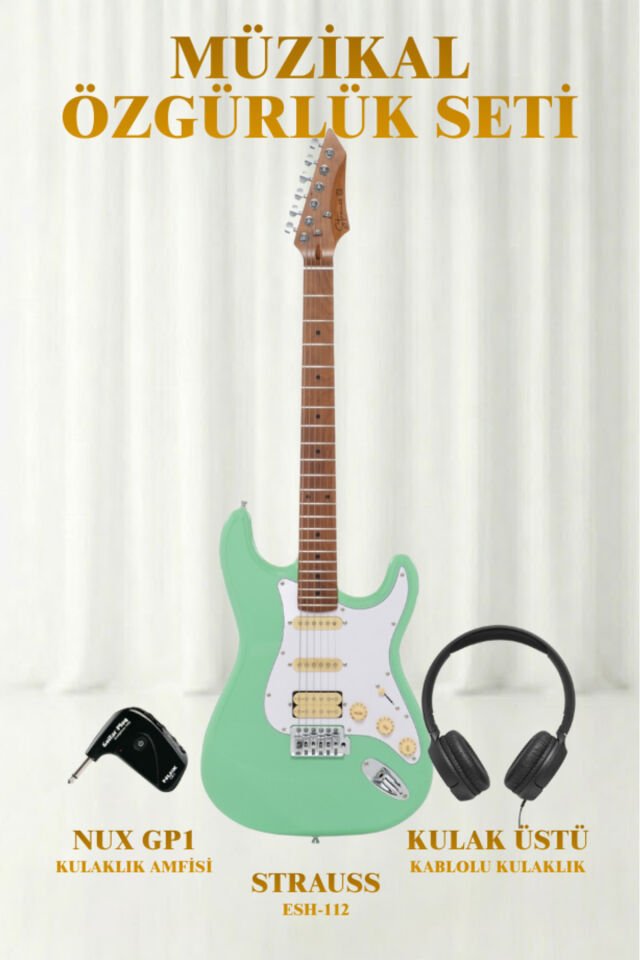 Strauss ESH-112 HSS Elektro Gitar KULAKLIK AMFİ SETİ Mint Yeşil