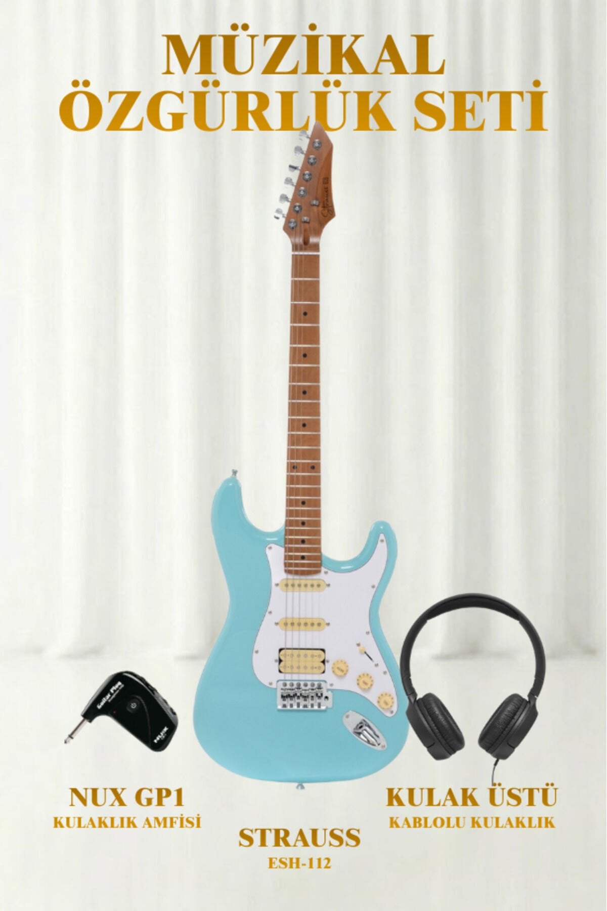 Strauss ESH-112 HSS Elektro Gitar KULAKLIK AMFİ SETİ Açık Mavi