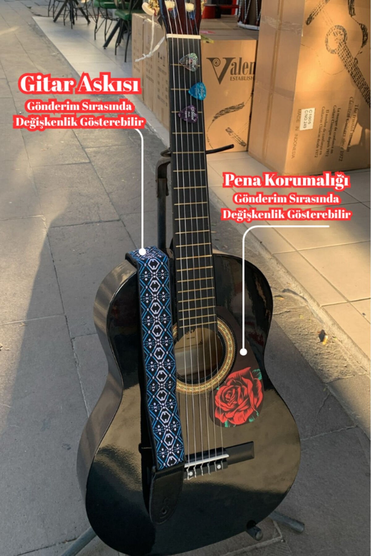LB44290 Black & Rose 4/4 Siyah Klasik Gitar (Kılıf, Gitar Sehpası, Askılık, Pena, Kapo Hediyeli) Siyah