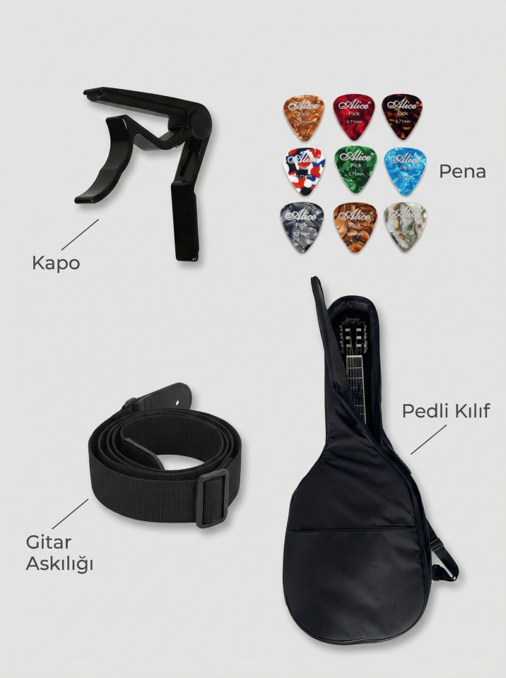 YNK2003C | Klasik Gitar Kesik Kasa Cutaway Sap Ayarlı -  (Pedli Kılıf, Kapo, Pena ve Gitar Askısı Hediye) siyah