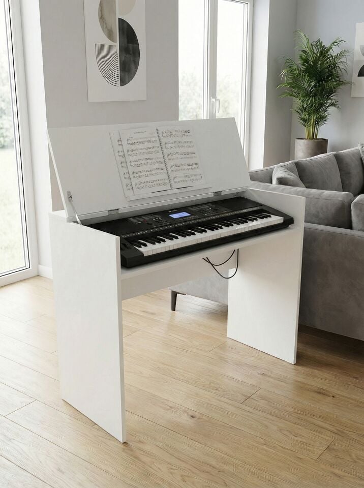 Montavo Kapaklı Notalıklı Ahşap Org Sehpası (CT-X700 CT-S300 PS98 / PS68 / NEM-3100 Uyumlu) Beyaz