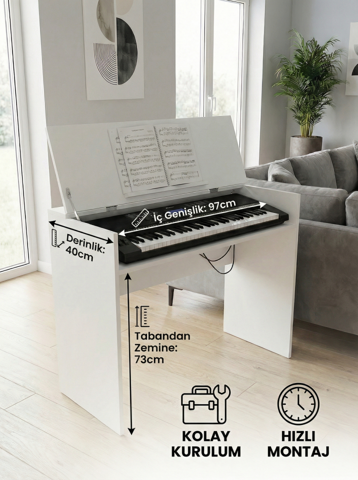 Montavo Kapaklı Notalıklı Ahşap Org Sehpası (CT-X700 CT-S300 PS98 / PS68 / NEM-3100 Uyumlu) Beyaz