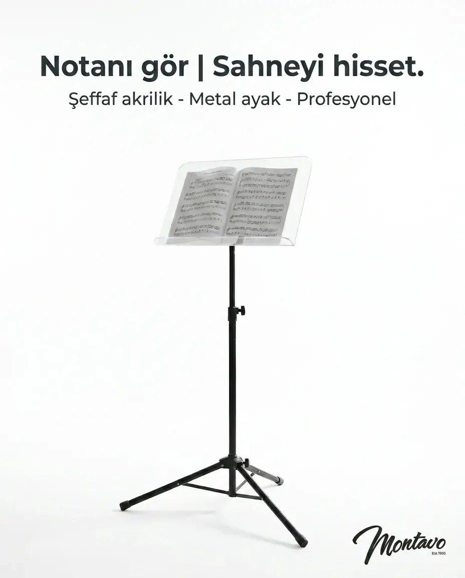 Montavo Şef Tipi Şeffaf Akrilik Nota Sehpası – Metal Ayaklı, Ayarlanabilir