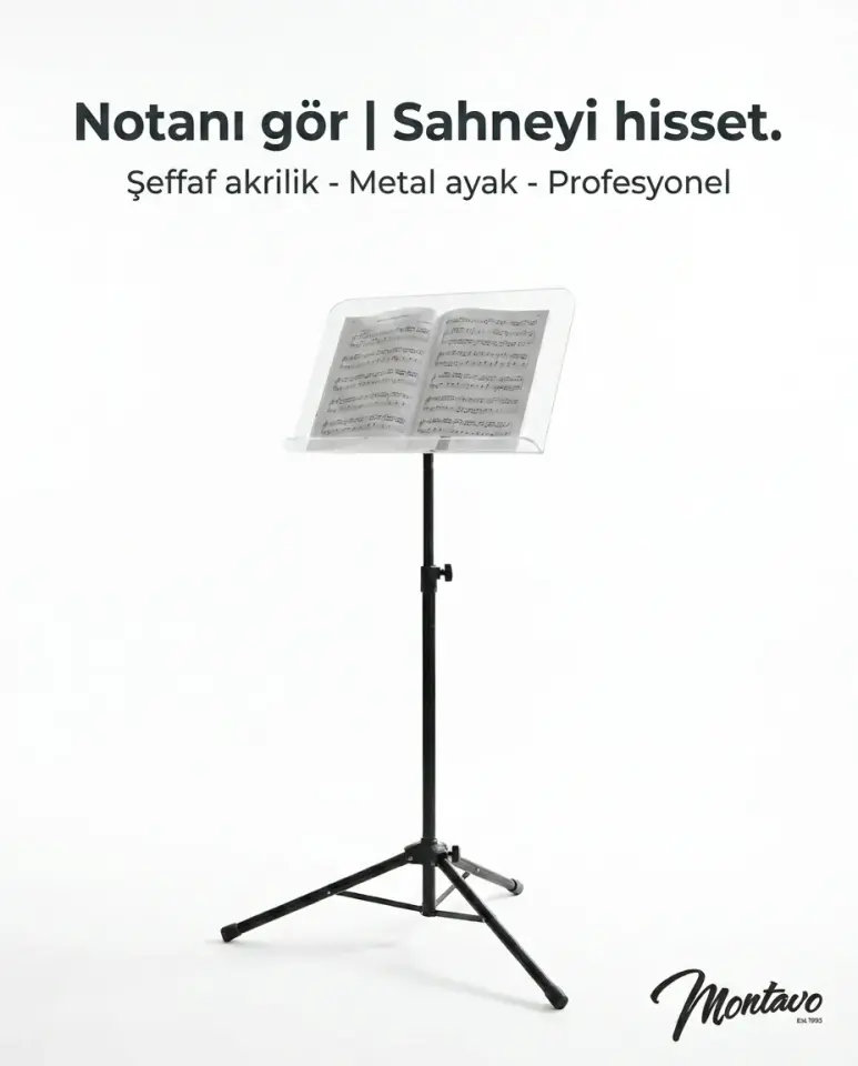 Profesyonel Şef Tipi Şeffaf Akrilik Nota Sehpası - Ayarlanabilir Metal Ayaklı - (Nota Kağıdı Tutucu Bulunmamaktadır)