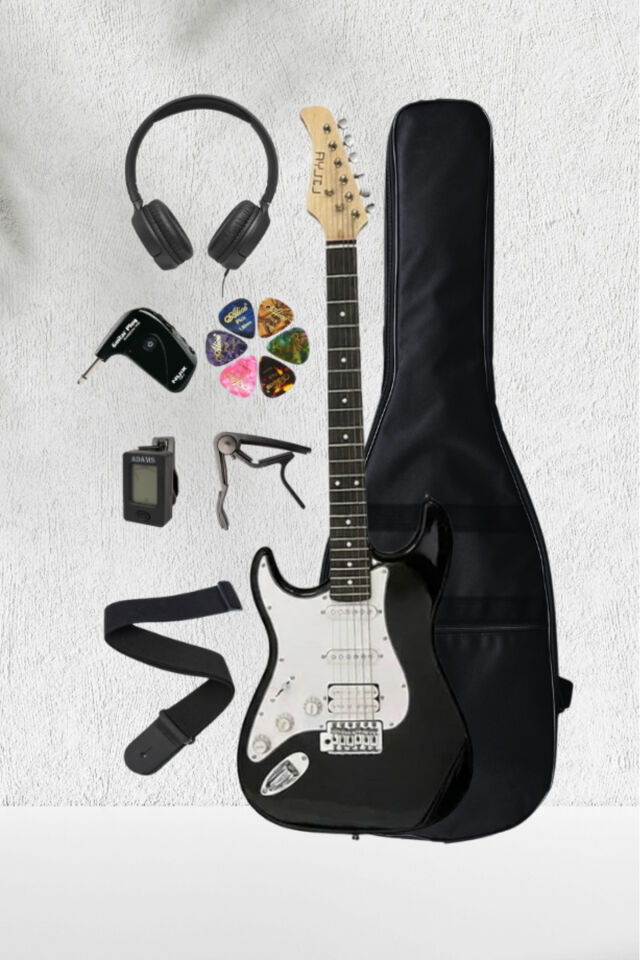 Lilya STR309 HSS Elektro Gitar – Kulaklık Amfi Seti (NUX GP-1 ve Kulak Üstü Kulaklık Dahil) Siyah Solak