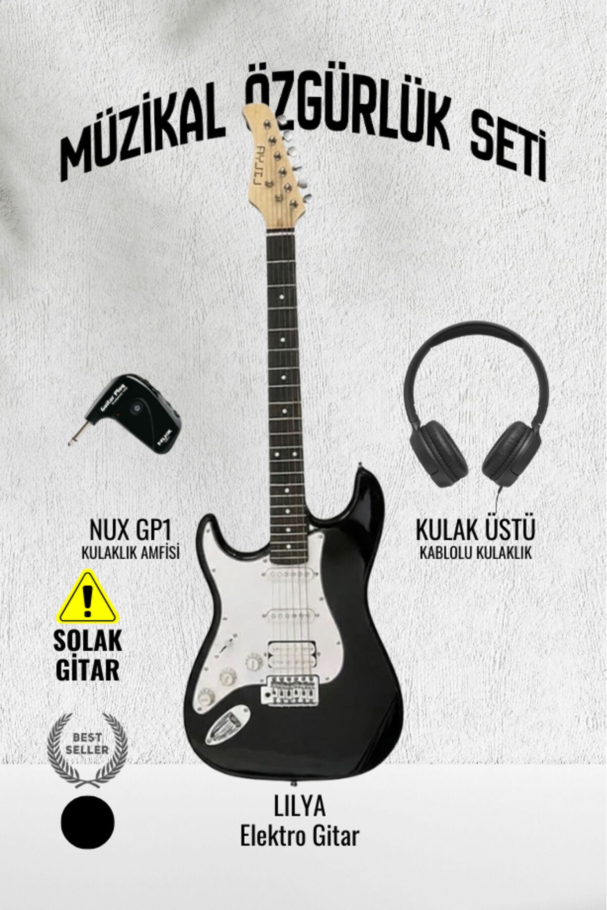 Lilya STR309 HSS Elektro Gitar – Kulaklık Amfi Seti (NUX GP-1 ve Kulak Üstü Kulaklık Dahil) Siyah Solak