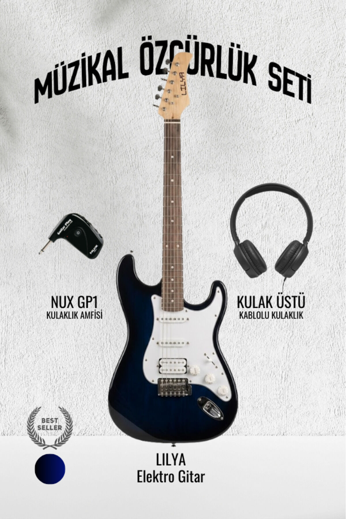Lilya STR309 HSS Elektro Gitar – Kulaklık Amfi Seti (NUX GP-1 ve Kulak Üstü Kulaklık Dahil) Lacivert