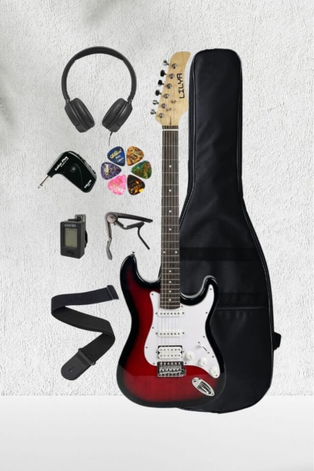 Lilya STR309 HSS Elektro Gitar – Kulaklık Amfi Seti (NUX GP-1 ve Kulak Üstü Kulaklık Dahil) Kırmızı