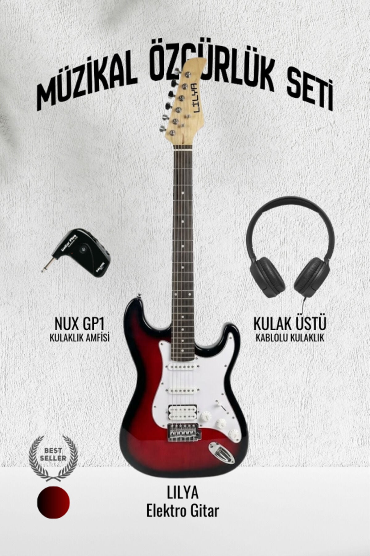 Lilya STR309 HSS Elektro Gitar – Kulaklık Amfi Seti (NUX GP-1 ve Kulak Üstü Kulaklık Dahil) Kırmızı