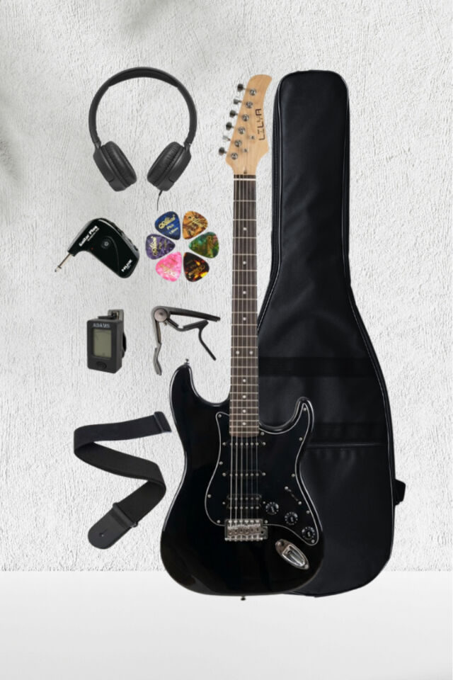 Lilya STR309 HSS Elektro Gitar – Kulaklık Amfi Seti (NUX GP-1 ve Kulak Üstü Kulaklık Dahil) Siyah
