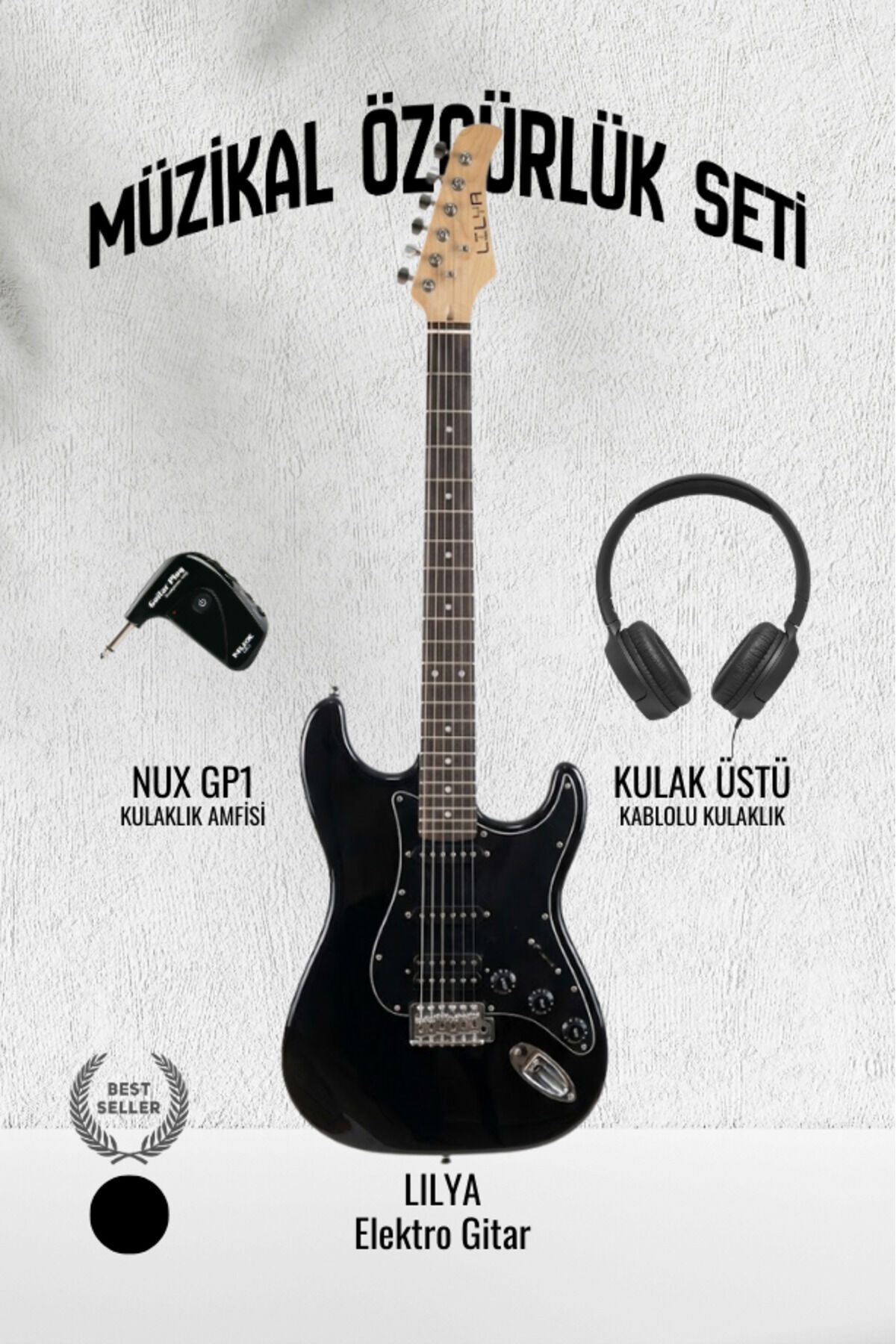 Lilya STR309 HSS Elektro Gitar – Kulaklık Amfi Seti (NUX GP-1 ve Kulak Üstü Kulaklık Dahil) Siyah