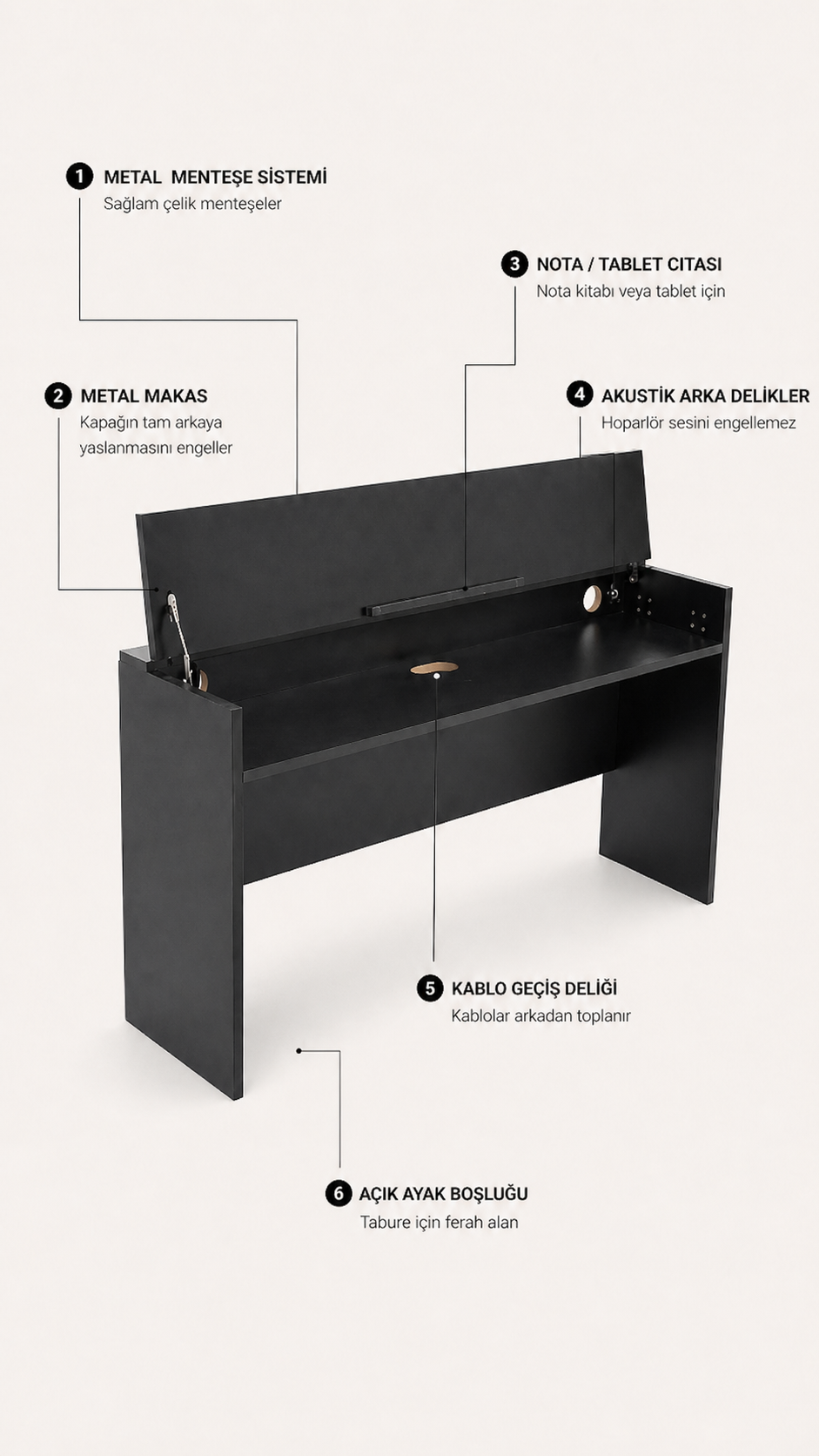 CDP-S110 / CDP-S360 / PX-S1100 Uyumlu Kapaklı Dijital Piyano Sehpası — Siyah / Beyaz