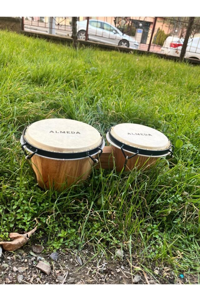 4'' 5'' inç Ahşap Kasa Gerçek Deri Mini Bongo Kahverengi