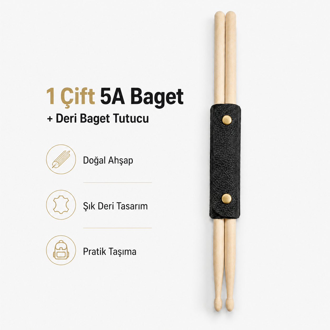 1 Çift 5A Deri Baget Tutuculu Davul Bageti Doğal Ahşap