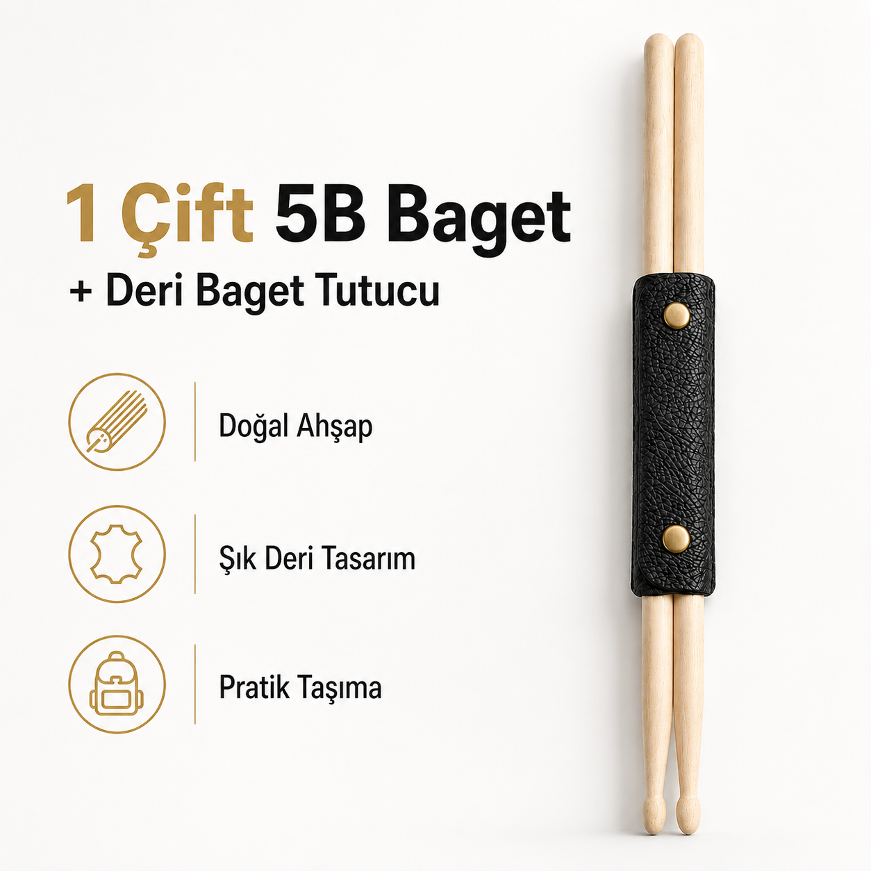 1 Çift 5B Deri Baget Tutuculu Davul Bageti Doğal Ahşap
