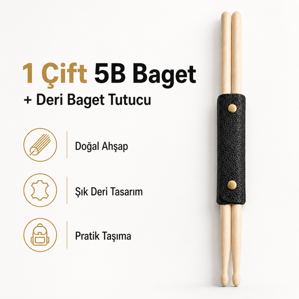 1 Çift 5B Deri Baget Tutuculu Davul Bageti Doğal Ahşap