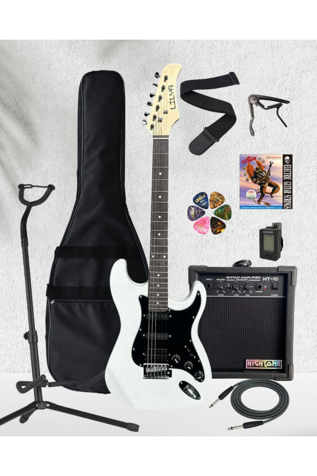 Lilya HSS Beyaz Elektro Gitar Amfi Kulaklık FULL SET Beyaz