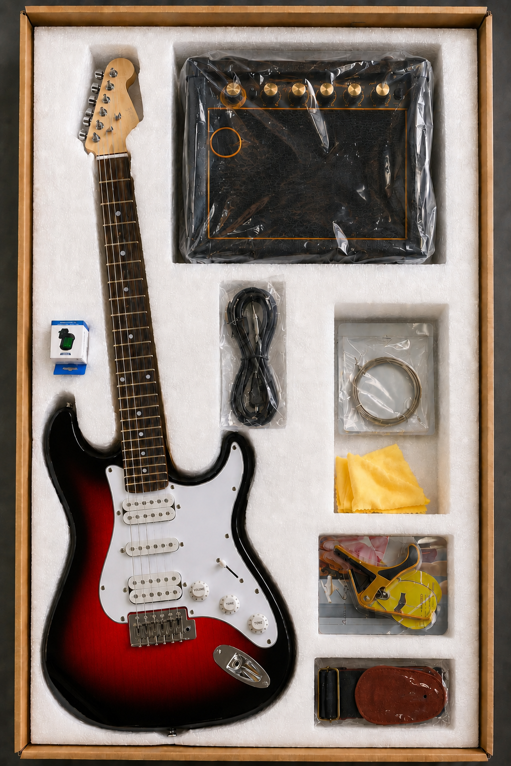 Salvador DML260 HSH Elektro Gitar Seti Amfi Kılıf Kapo Tel Askı Akort Dahil kırmızı