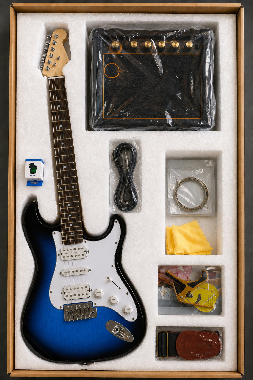 Salvador DML260 HSH Elektro Gitar Seti Amfi Kılıf Kapo Tel Askı Akort Dahil mavi