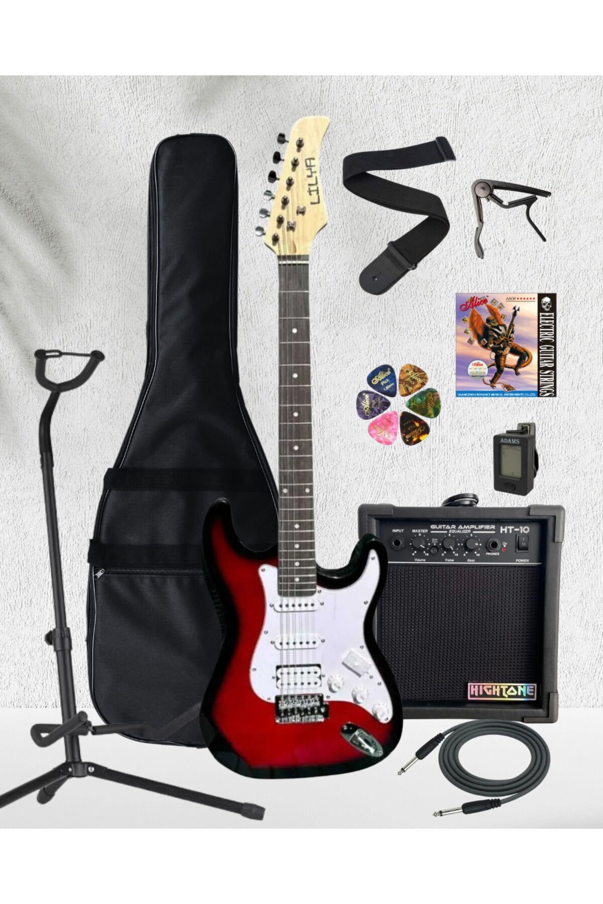 HSS Elektro Gitar Amfi Kulaklık FULL SET Kırmızı