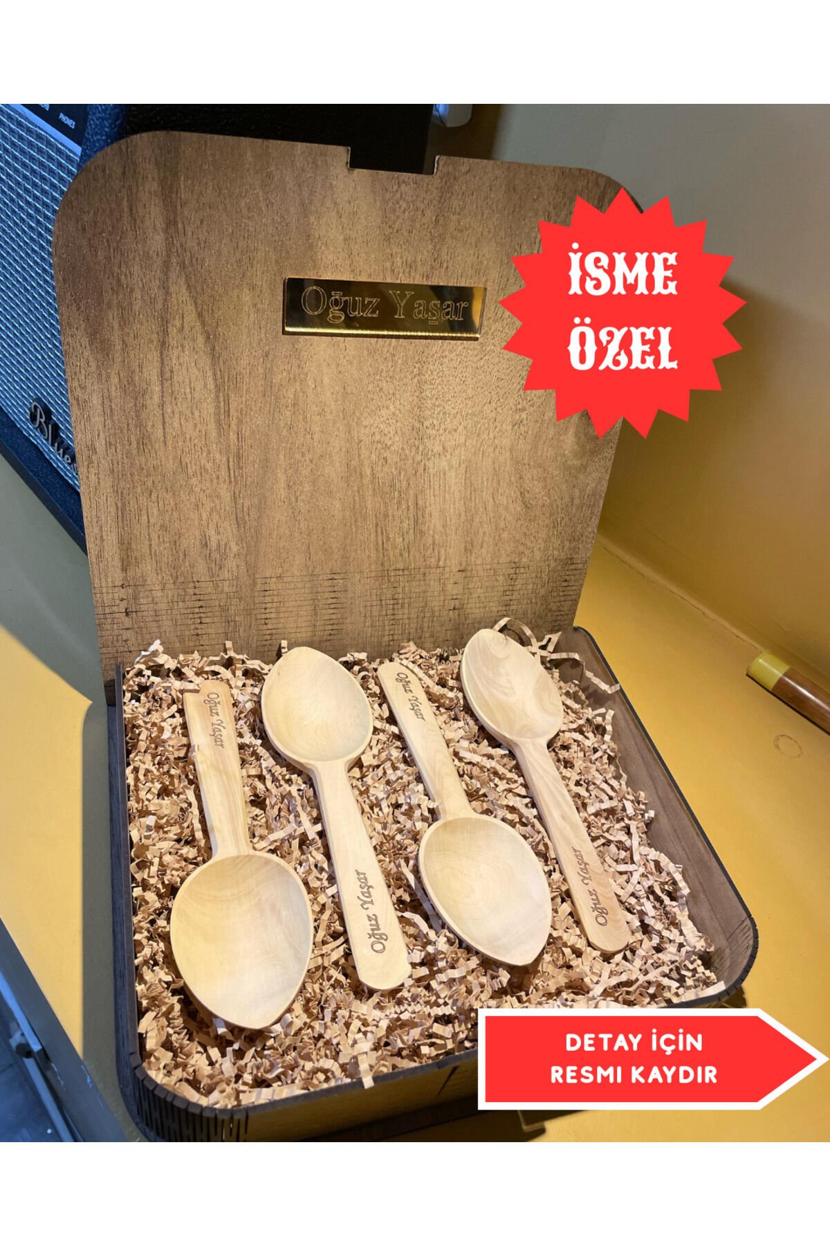 Şimşir Oyun Kaşığı Kutulu – İsme Özel Ankara Yapımı, 4 Adet Takım Bej